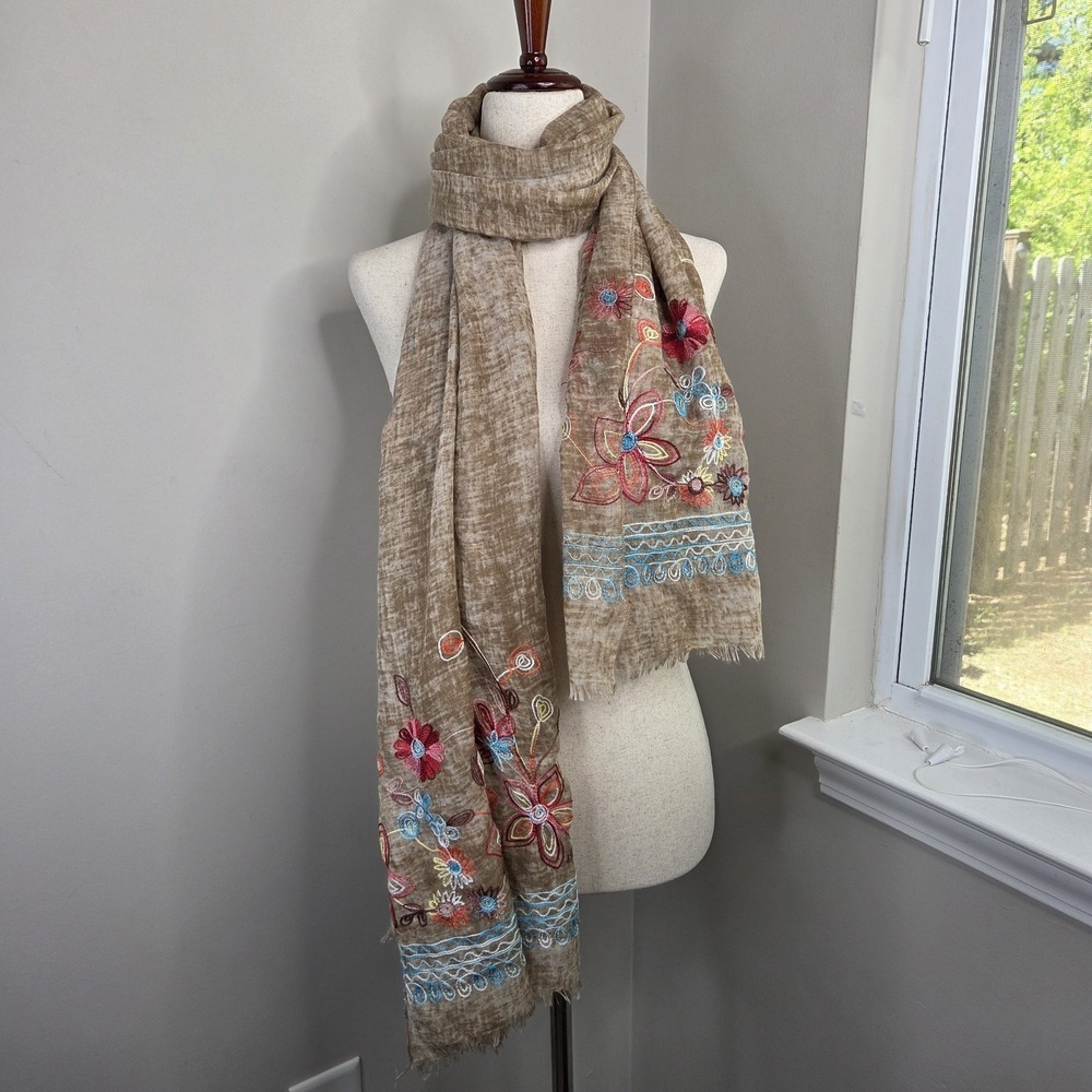 29 Palm Boho Embroidered Floral Scarf Brown Indie Fringe Hippie Festival Wrap